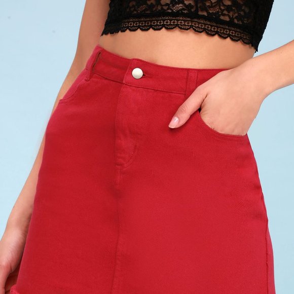 Lulus Reed Red Denim Mini Skirt - Picture 4 of 7